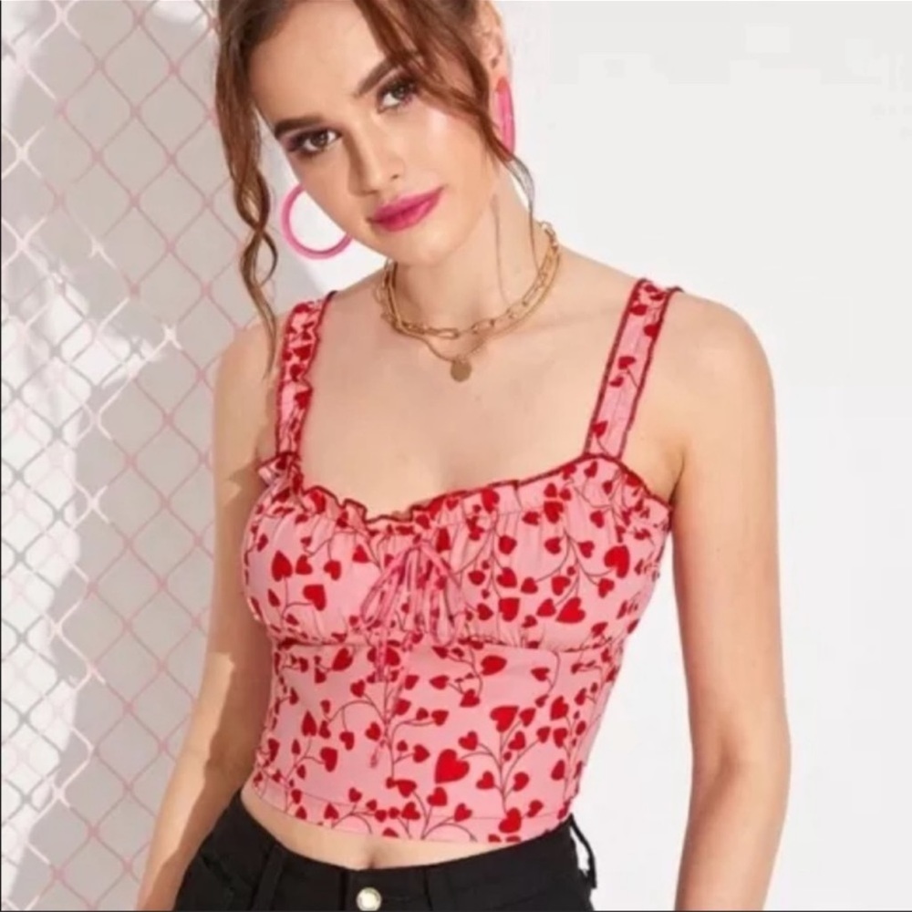 Shein Lettuce Edge Straps Pink Red Heart Crop Top
Size XS